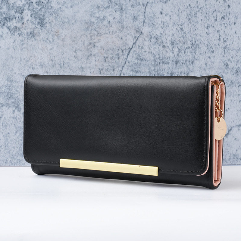 Premium vegan leather long wallet clutch with gold bar accent and detachable chain Bowlift