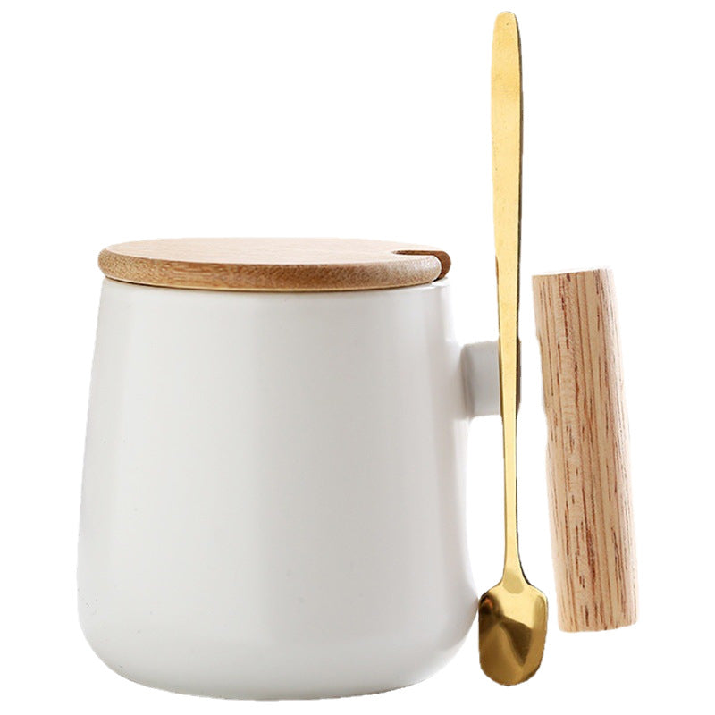 Ceramic Coffee Mug Gift Set with Bamboo Lid Ergonomic Wooden Handle and Gold Spoon Bowlift