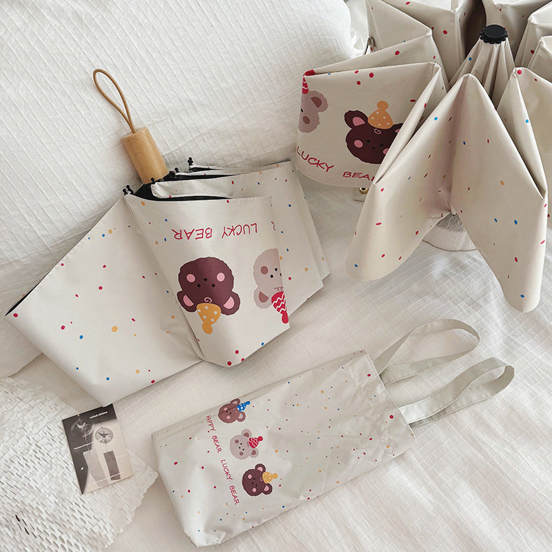 Ladies Foldable Umbrella with Playful Bear Design Bowlift