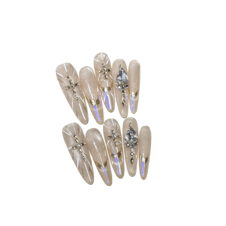 Premium Stiletto Press-On Nail Art Set with Gemstone Accents Bowlift