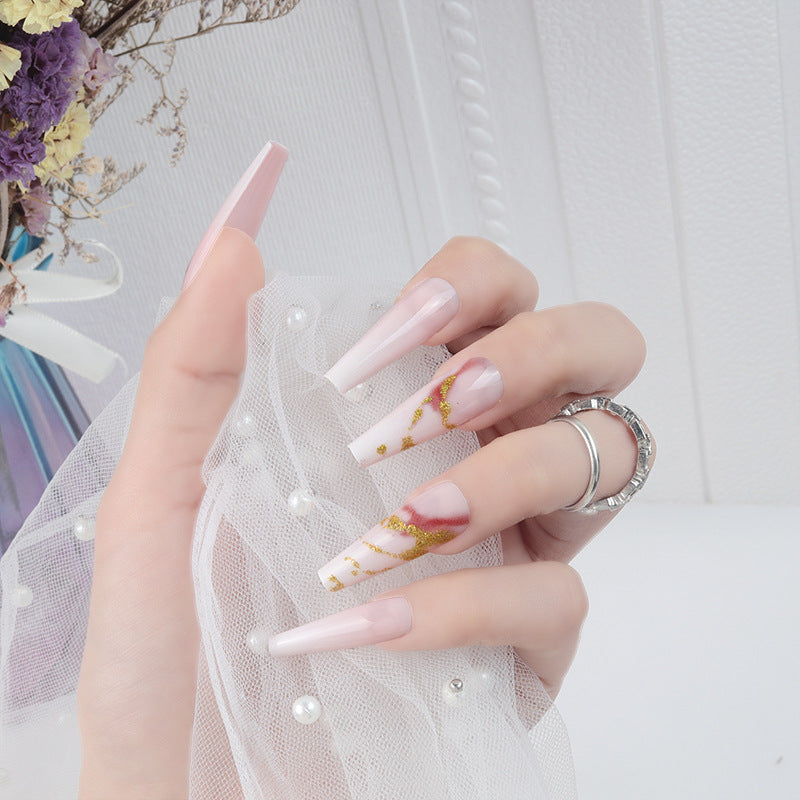 Elegant Long Stiletto Press-On Nails with Artistic Marble Design Bowlift