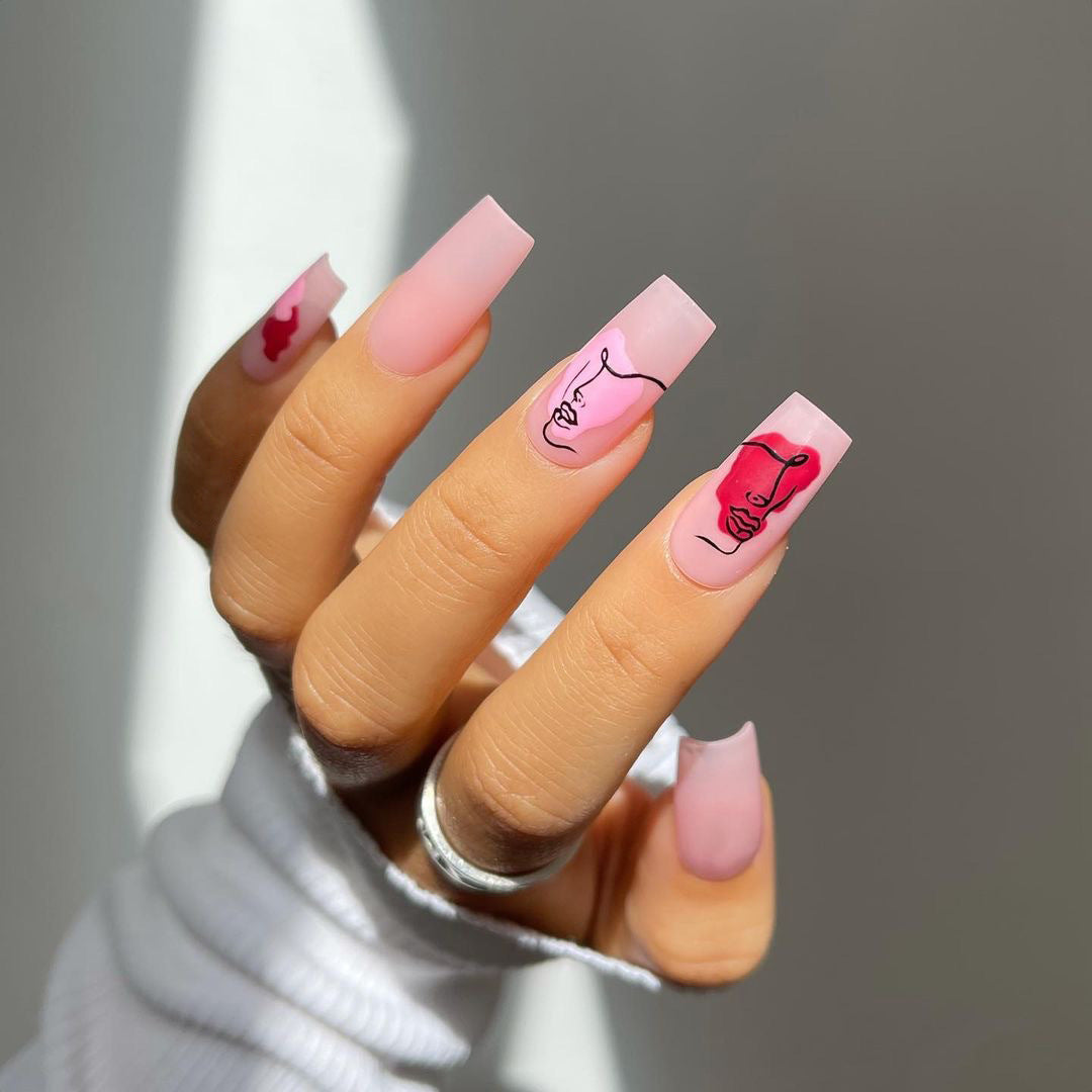 Artful Nail Extensions with Abstrahized Face Drawing Bowlift