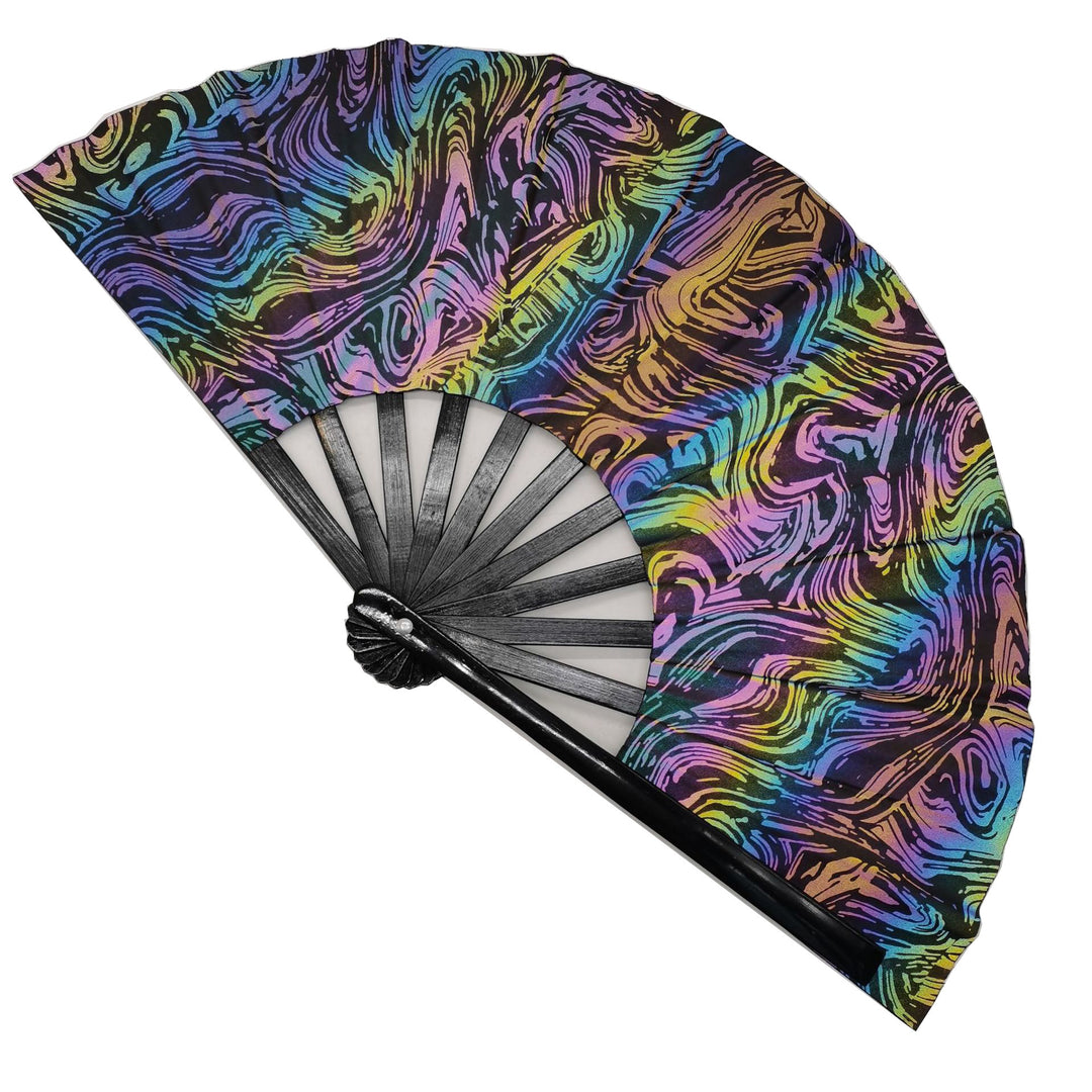 Ladies fan made of lightweight fabric with colorful geometric design Bowlift