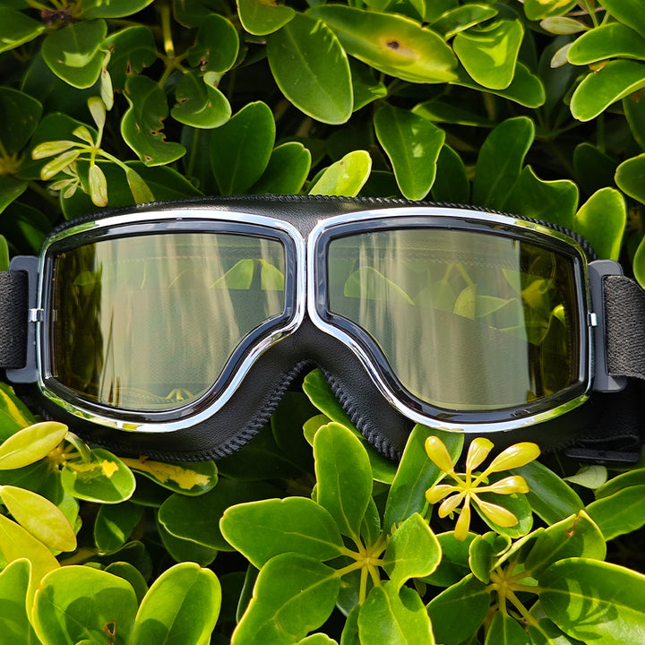Polarized Mirrored Motorcycle Goggles with Leather Trim and Padded Foam Seal Bowlift