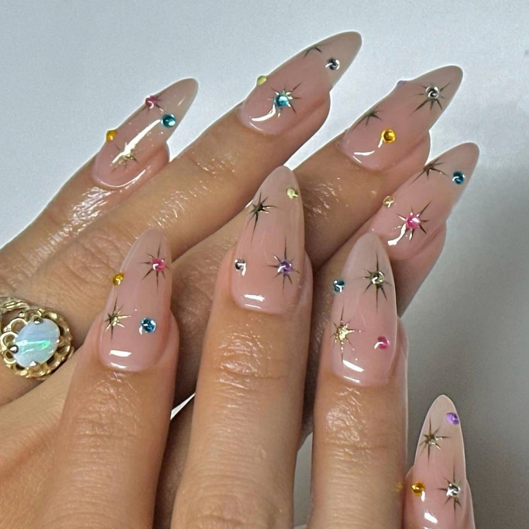 Artistic Rhinestone-Embellished Almond-Shaped Nail Extensions Bowlift
