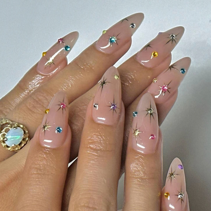 Artistic Rhinestone-Embellished Almond-Shaped Nail Extensions Bowlift