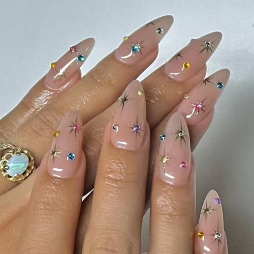 Artistic Rhinestone-Embellished Almond-Shaped Nail Extensions Bowlift