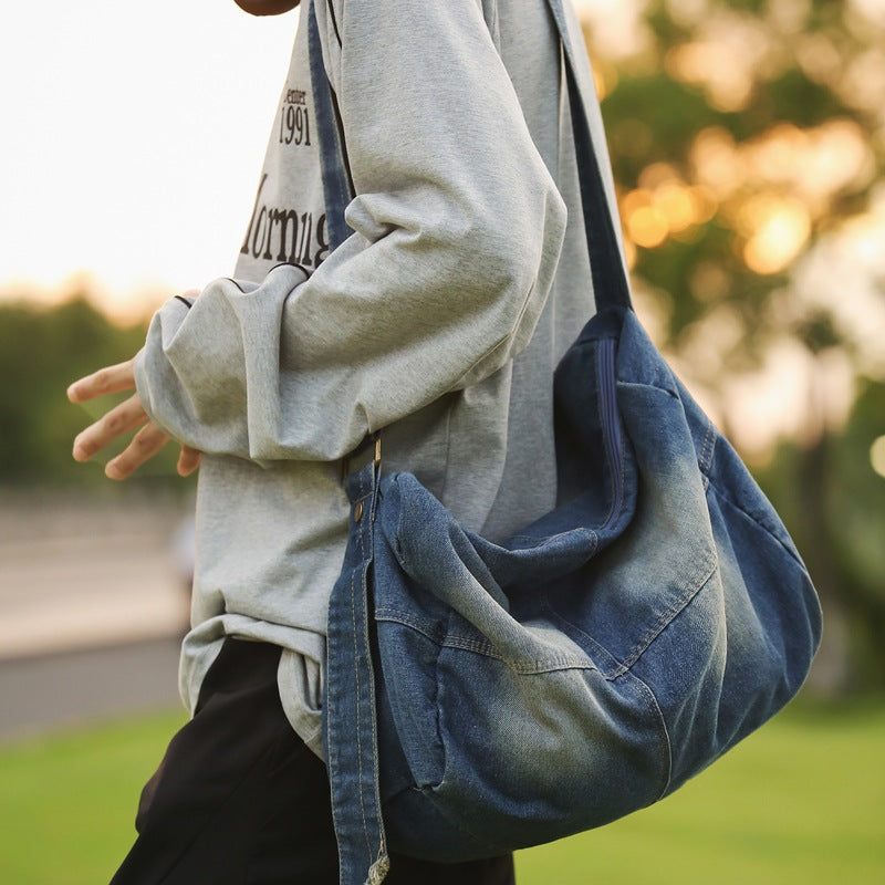 Denim Slouchy Hobo Shoulder Bag with Adjustable Strap Bowlift