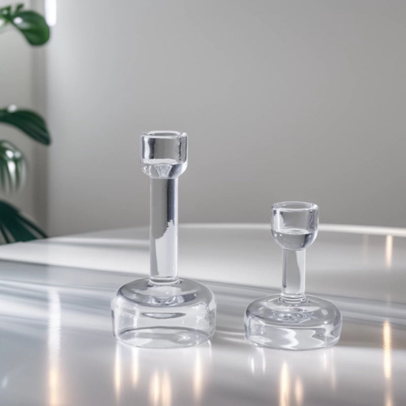 Minimalist Clear Glass Taper Candle Holder Pair with Weighted Base Bowlift