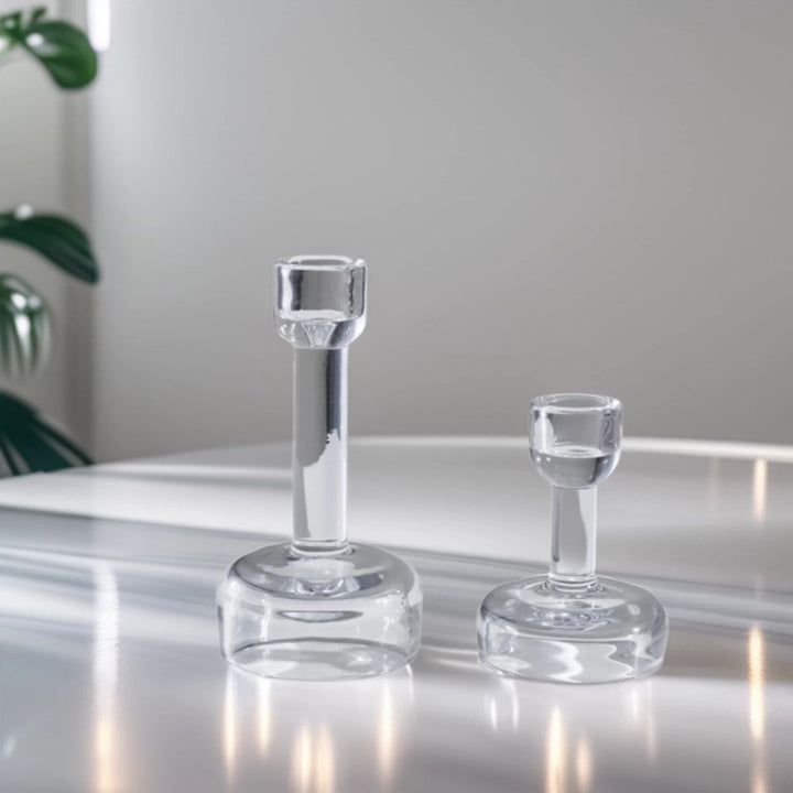 Minimalist Clear Glass Taper Candle Holder Pair with Weighted Base Bowlift