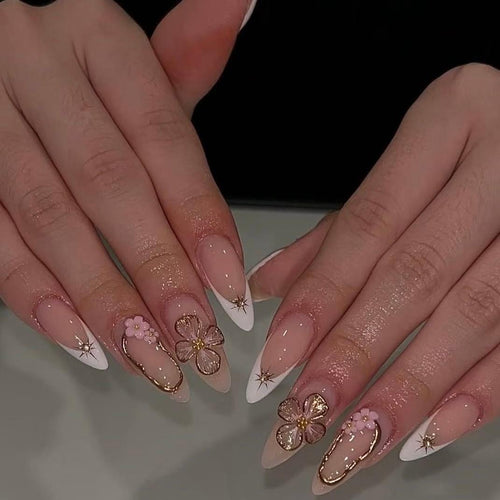 Elegant Press-On Nail Art Set with Floral Accents Bowlift