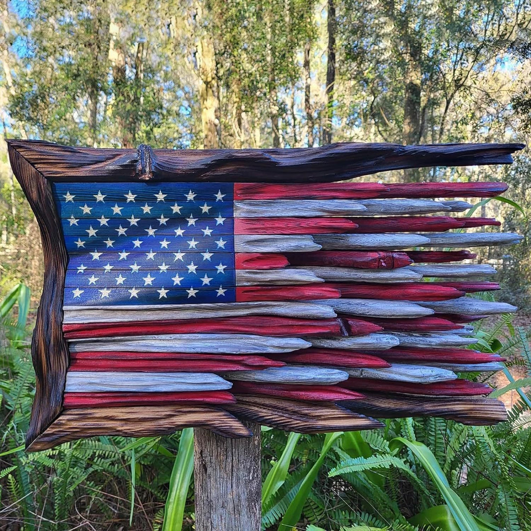 Unisex nan reclaimed wooden American flag wall sculpture with layered driftwood planks and rustic charred frame Bowlift