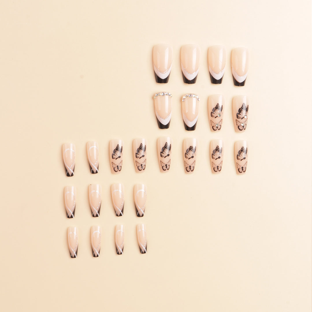Artistic Long-Stiletto Press-On Nail Art with Butterfly Design Bowlift
