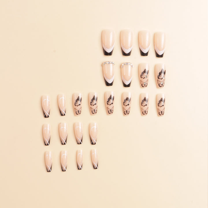Artistic Long-Stiletto Press-On Nail Art with Butterfly Design Bowlift