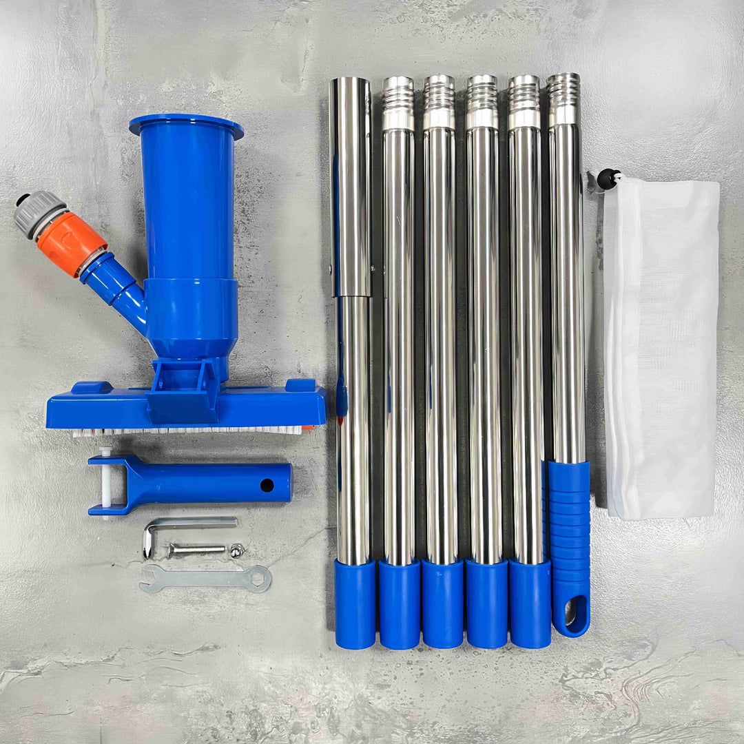 Telescopic stainless steel pool vacuum kit with brush head and fine mesh leaf bag Bowlift