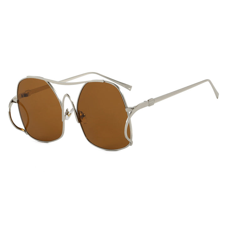 Women's geometric sunglasses with narrow metal frame and brown lenses Bowlift