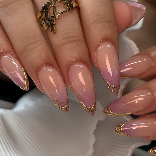 Elegant Stiletto Press-On Nail Extensions with Gold Tip Accents Bowlift