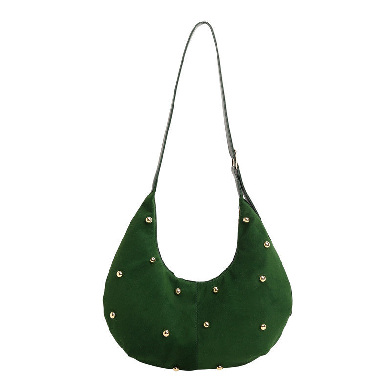 WoTextured Suede Hobo Bag with Decorative Studs Bowlift