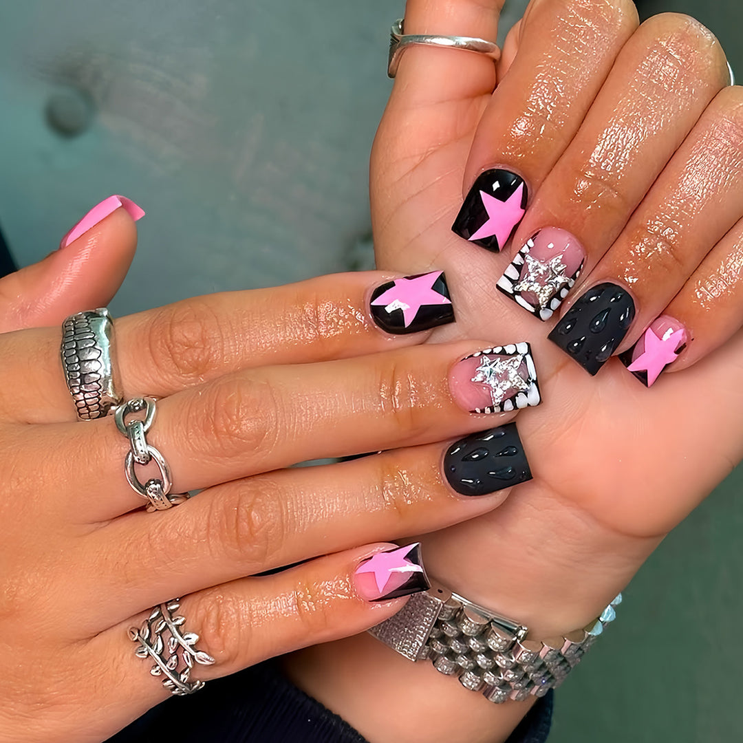 Artistic Press-On Nail Set with Star and Gem Accents Bowlift