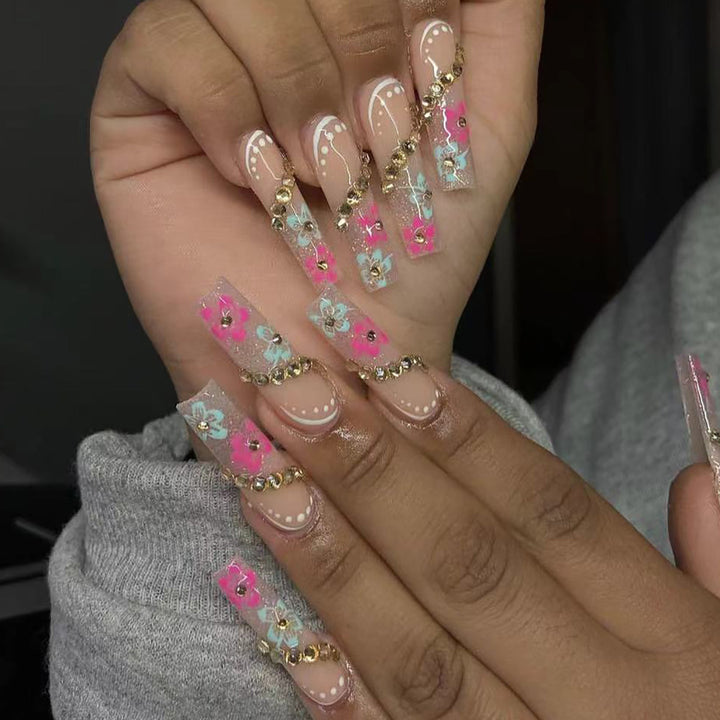 Floral Design Press-On Nails with Decorative Gem Accents Bowlift