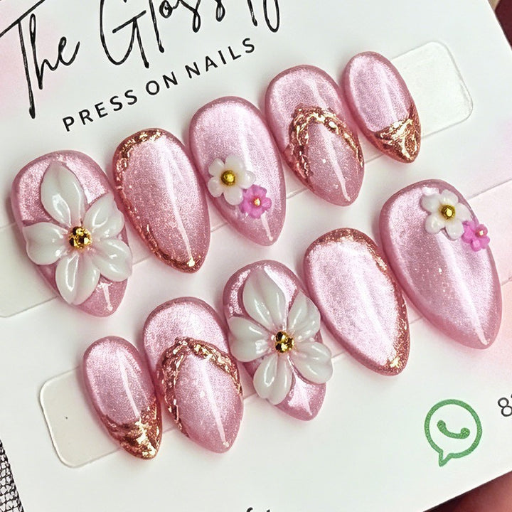 Acrylic nail set with elegant flower and glitter designs Bowlift