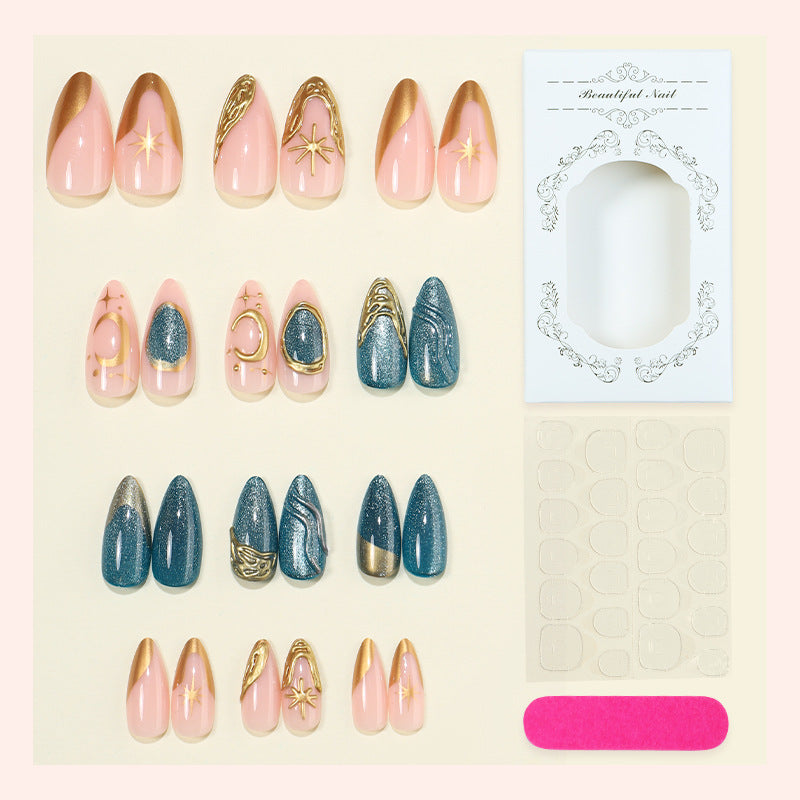 Artistic Press-On Nail Art Set with Gold Accents Bowlift