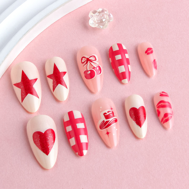 Artistic Press-On Nail Art Set with Heart and Star Designs Bowlift