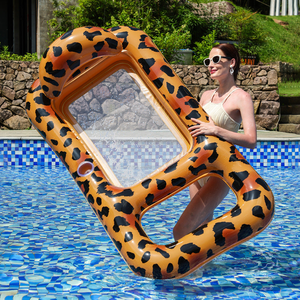 Unisex Inflatable Leopard Swim Ring with Integrated Drink Holder Bowlift