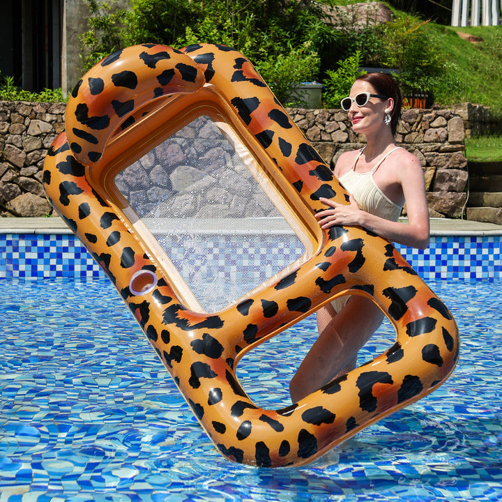 Unisex Inflatable Leopard Swim Ring with Integrated Drink Holder Bowlift