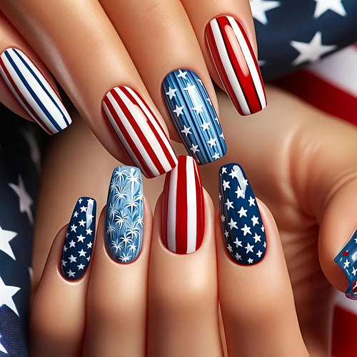 Artificial nails with patriotic stars and stripes design Bowlift