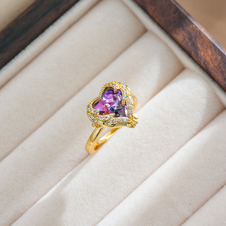 Heart-Shaped Amethyst And Zirconia-Coated Cocktail Ring With Intricate Filigree Design