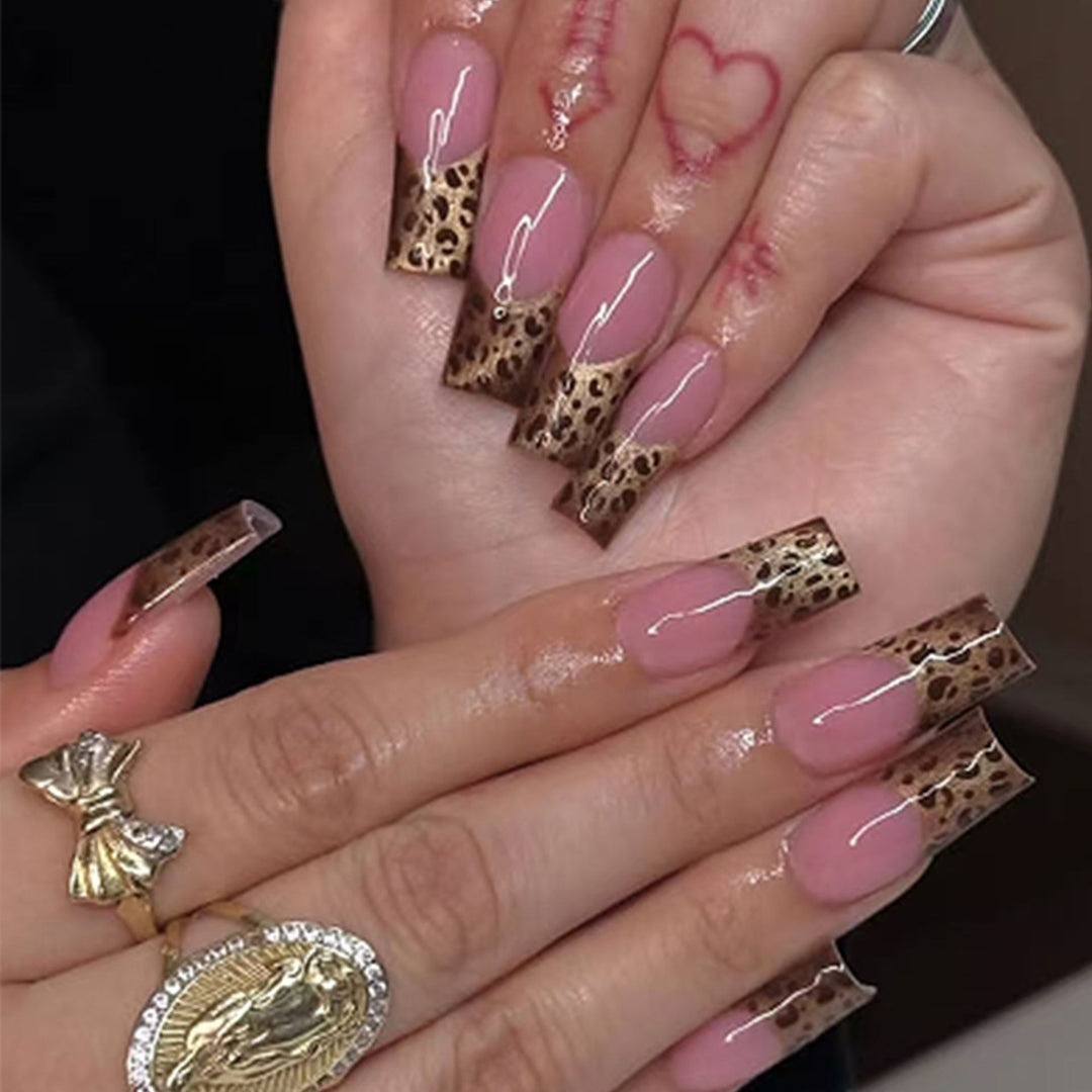 Elegant Leopard Print French Tip Press-On Nails Bowlift