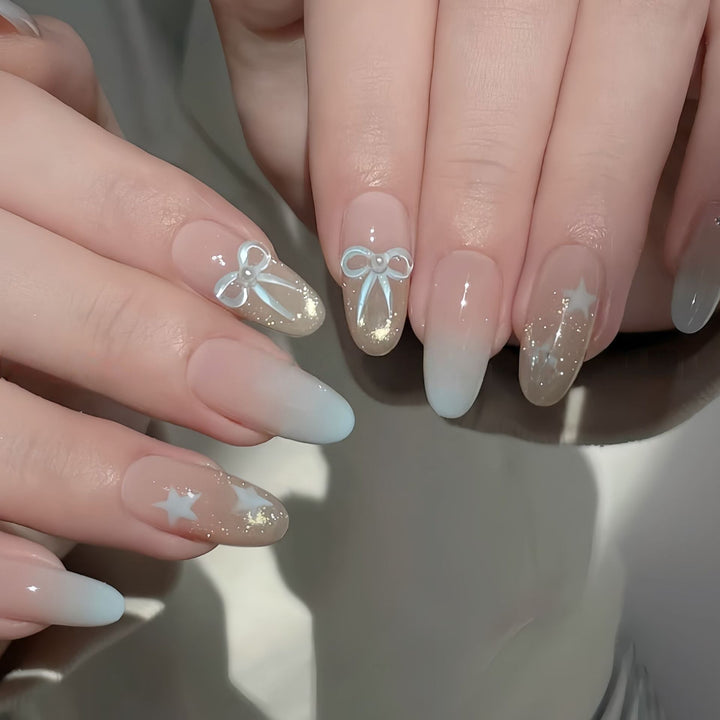 Elegant Artificial Nail Set with Bow and Star Designs Bowlift
