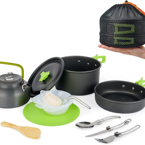 lightweight non-stick camping cookware set with folding handles kettle pot pan utensils and mesh carry bag Bowlift