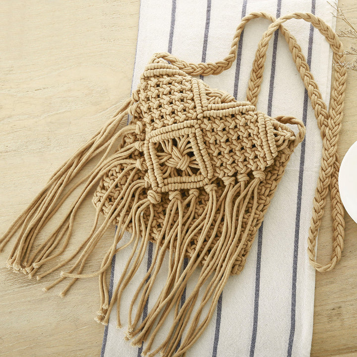 Macrame Crossbody Bag with Fringes and Decorative Details Bowlift