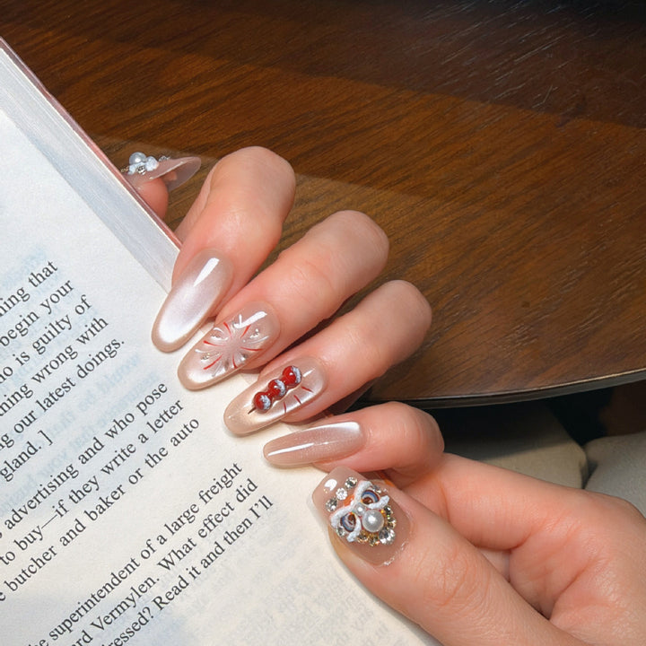 Decorative Press-On Nail Art Set with Jewel Accents Bowlift