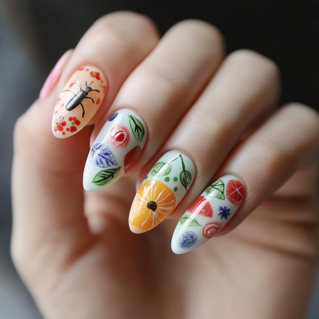 Artistic stiletto nails with floral designs Bowlift