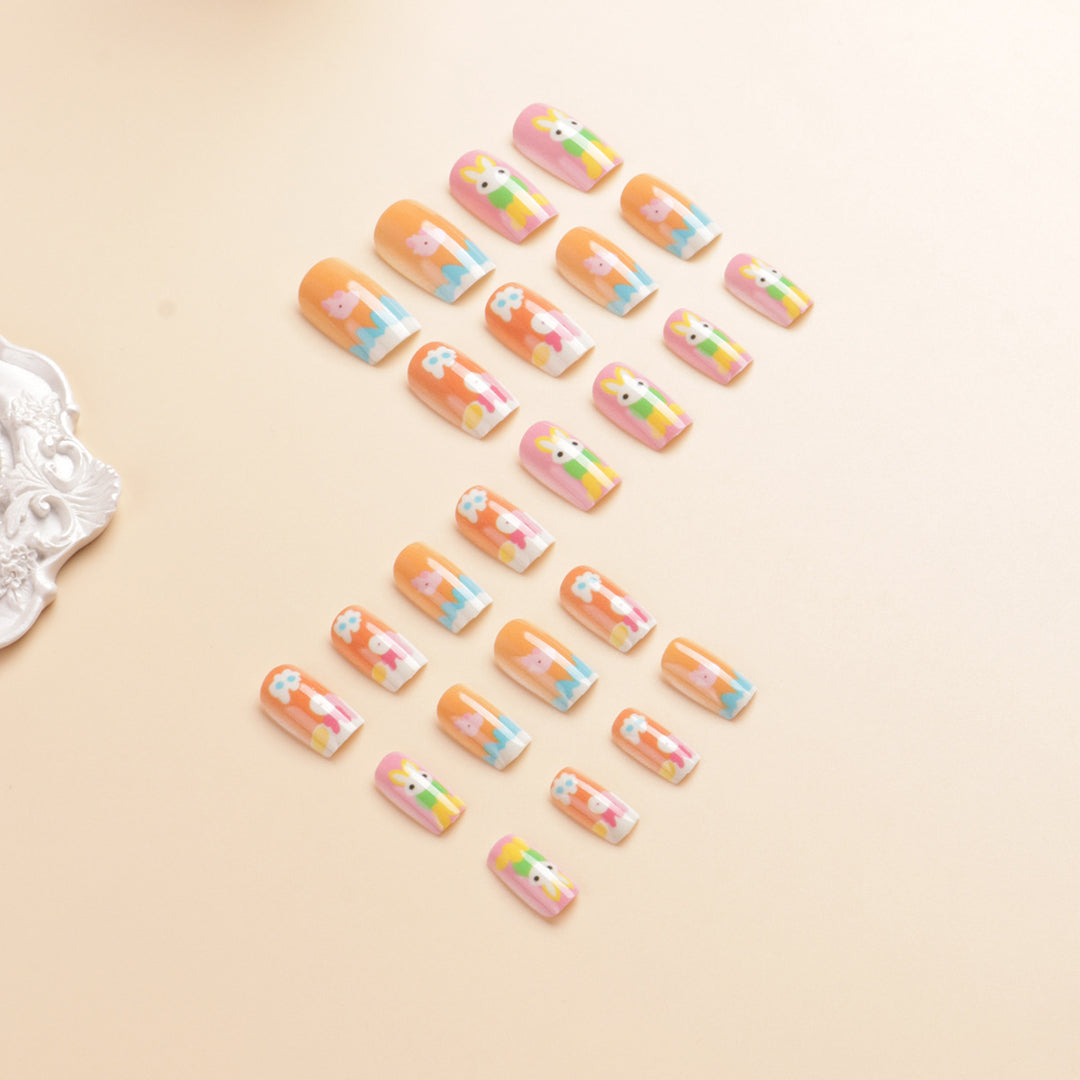 Artistic Seasonal Bunny-Themed Press-On Nail Art Bowlift