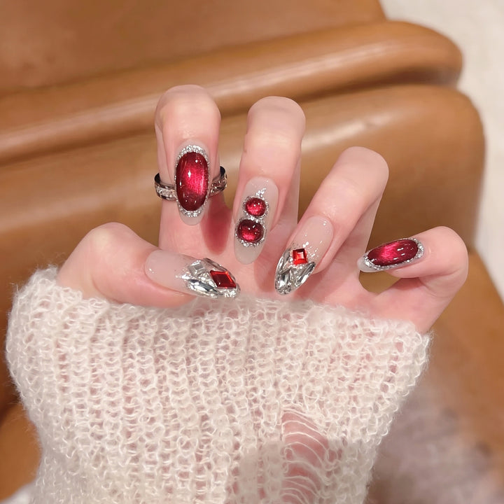 Premium Decorative Press-On Nail Set with Gemstone Accents Bowlift