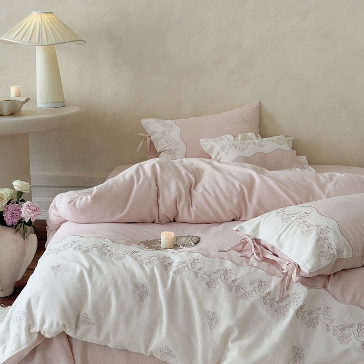 Floral Embroidered Cotton Duvet Cover Set with Ruffle Pillowcases