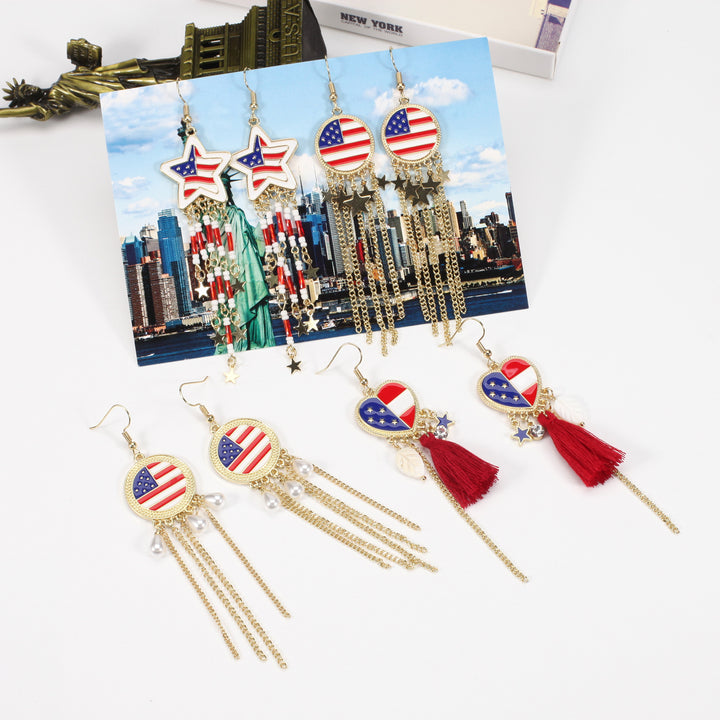Women's nan long beaded fringe dangle earrings with enamel flag medallion and crystal drops Bowlift