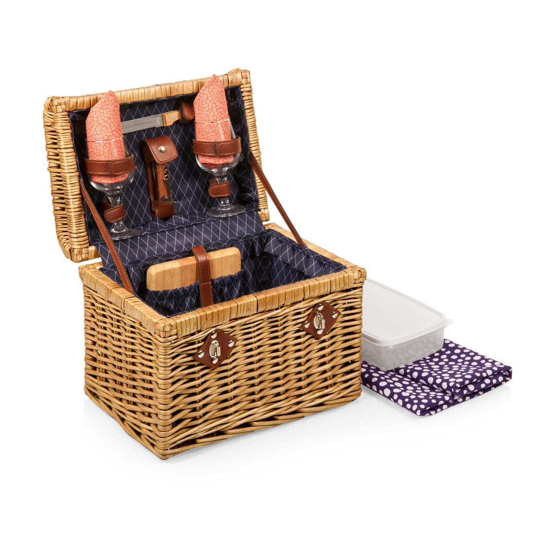 Ladies picnic basket with stylish glasses and wooden boards Bowlift