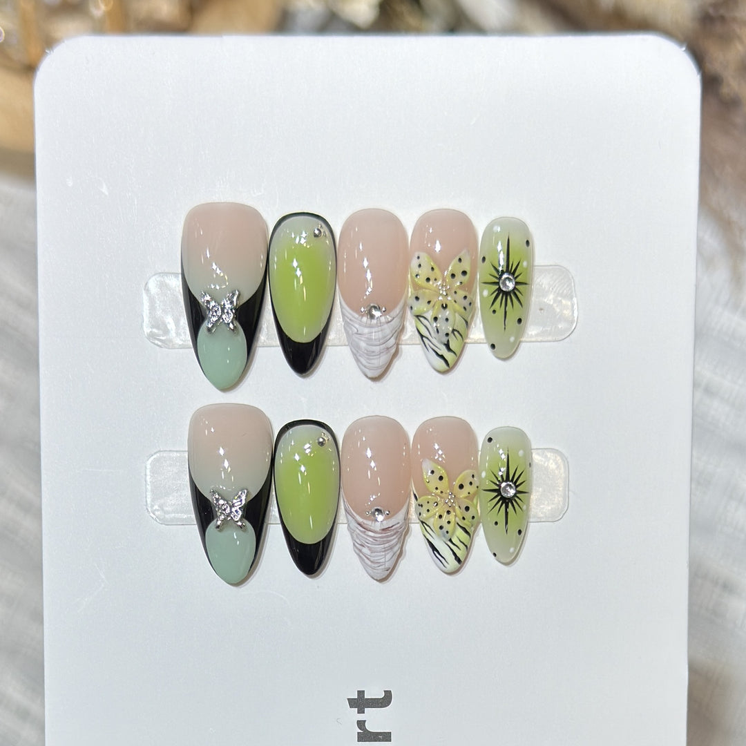 Artistic Press-On Nail Set with Butterfly and Floral Designs Bowlift