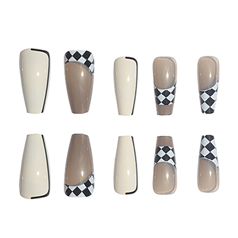 Trendy Long Press-On Nail Set with Checkerboard and Solid Design Bowlift