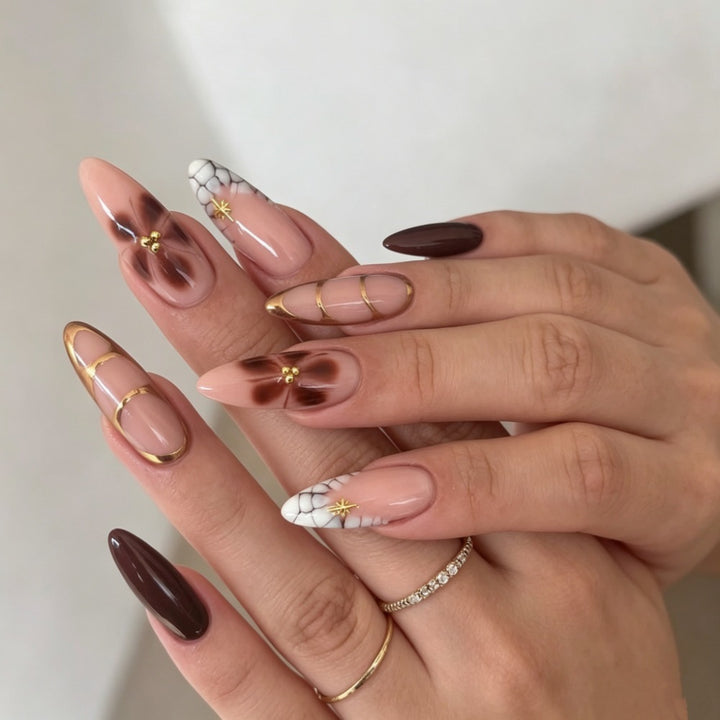 Artistic Press-On Nail Set with Celestial Design Bowlift