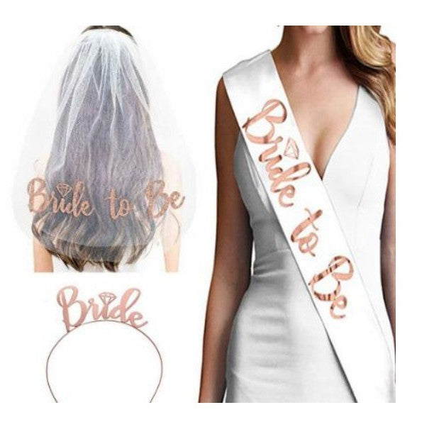Women's bridal accessories set with shimmering veil and personalized sash Bowlift