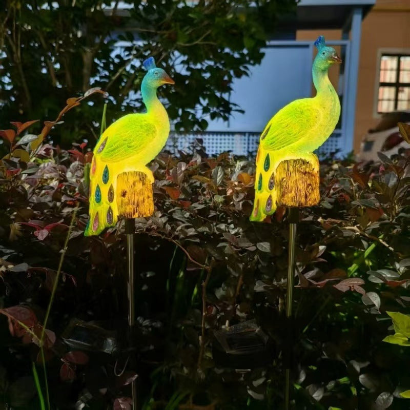 Ornamental Solar-Powered Peacock Garden Stake Lights With LED Resin Sculpture And Waterproof Stainless Steel Stake Bowlift