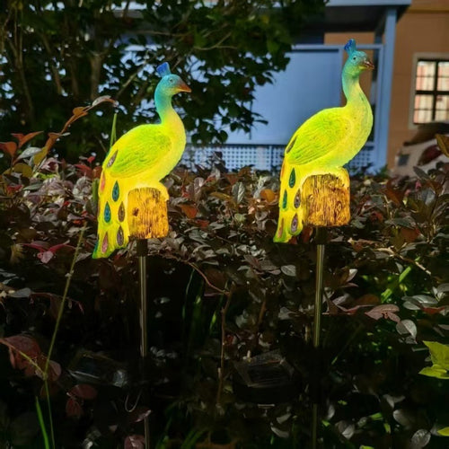 Ornamental Solar-Powered Peacock Garden Stake Lights With LED Resin Sculpture And Waterproof Stainless Steel Stake Bowlift