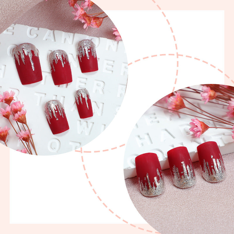 Artistic Press-On Nail Set with Silver Drip Design Bowlift