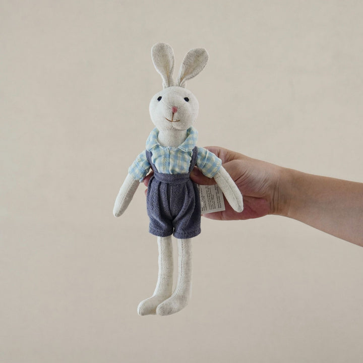 Handmade Rustic Linen Bunny Doll with Long Limbs and Checked Cotton Shirt